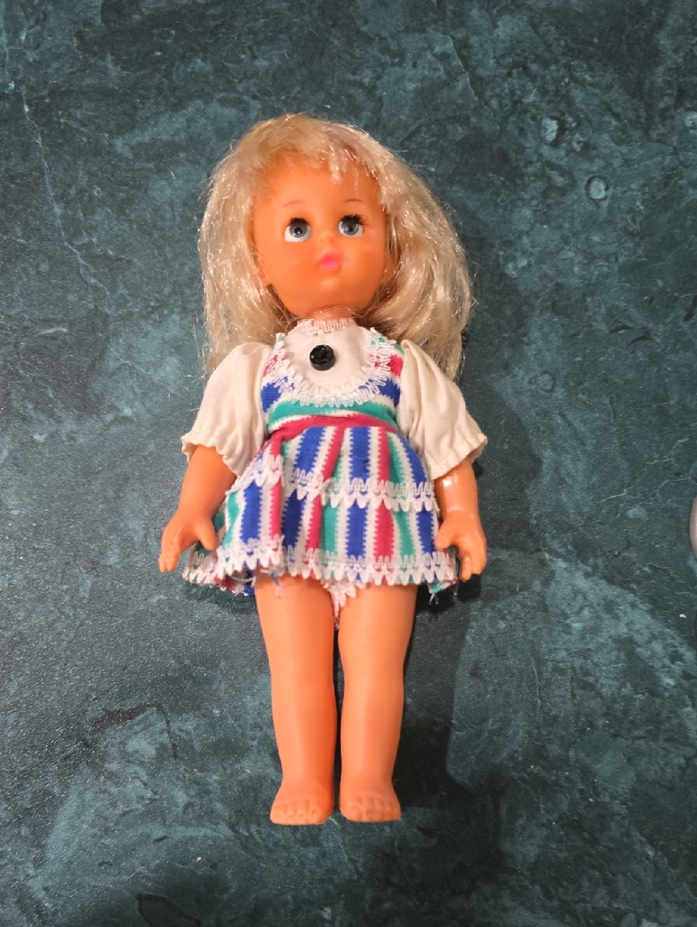 Vintage Blond Hair, Blue Eyed Pouty Lil Doll With Dress And Bloomers - Used 70s?